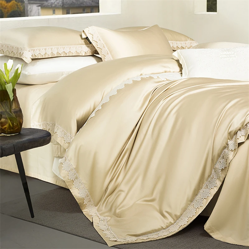 100S Lyocell Soft Silky Cooling Luxury Bedding Set Champagne Beige with Lace Trim Duvet Cover Flat/Fitted Sheet Pillowcases 4pcs