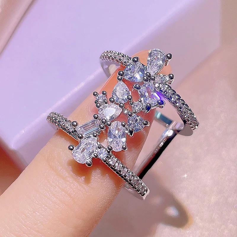 Double-deck Bling Big Zircon Stone 925 Steling Silver Hip Hop RIng for Women Fashion Wedding Engagement Jewelry Best Gift