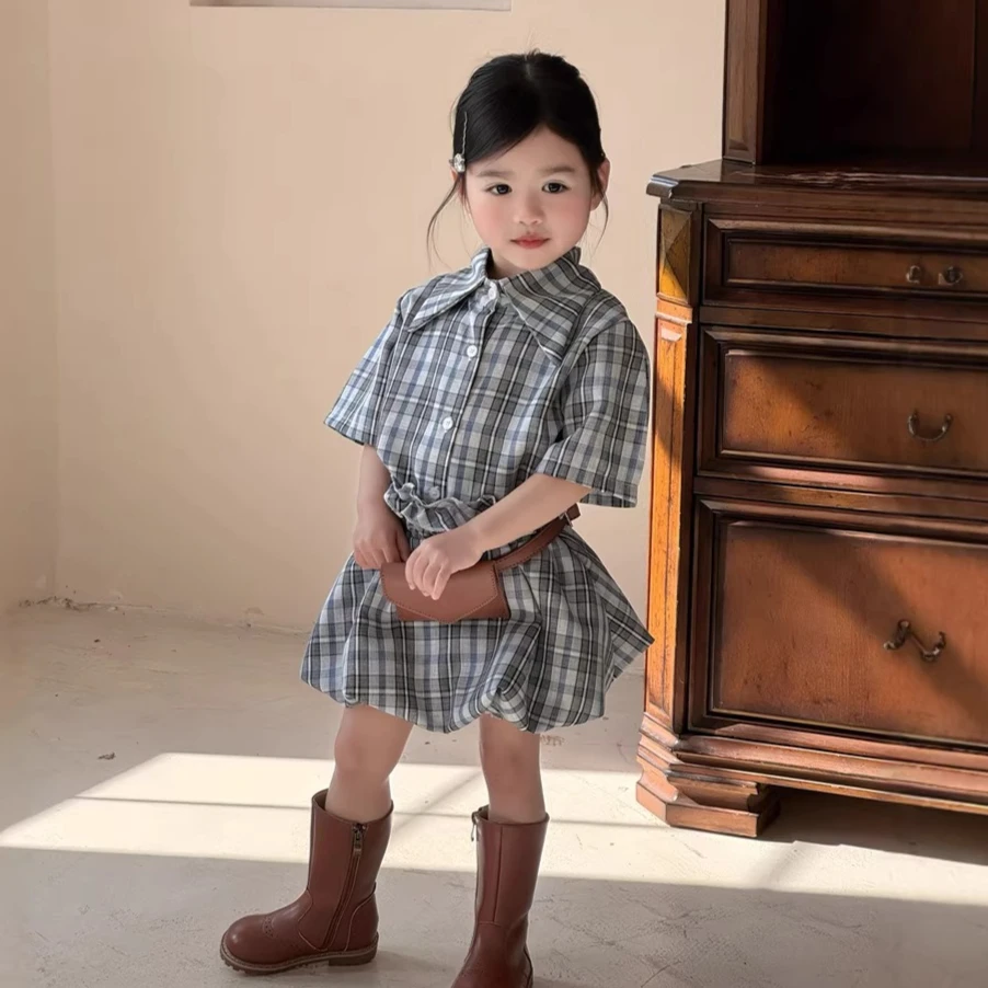 

Girls Set 2026 Spring/summer New Childrens Clothes Korean Style Girls Baby Lapel Check Shirt Flower Bud Skirt Two-piece Set