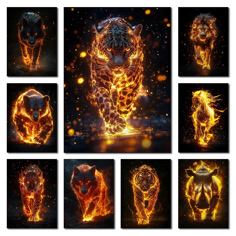 Majestic Animals in Flames Poster Fiery Tiger Wolf Lion Leopard Bear Rhino Deer Canvas Painting Wall Art Living Room Home Decor