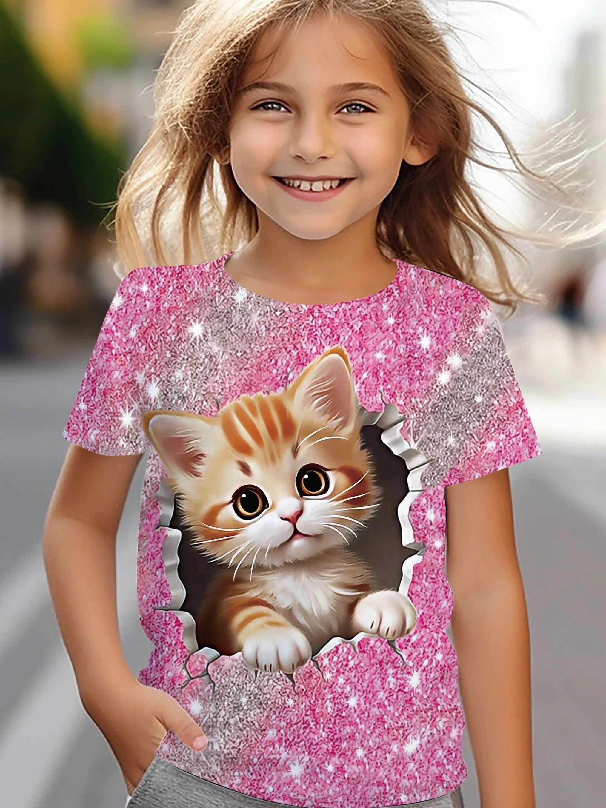 Adorable Kitten Graphic Print Kids T-Shirt Crew Neck Short Sleeve Tops Casual T-Shirt for Children Girl Summer Outdoor Sports