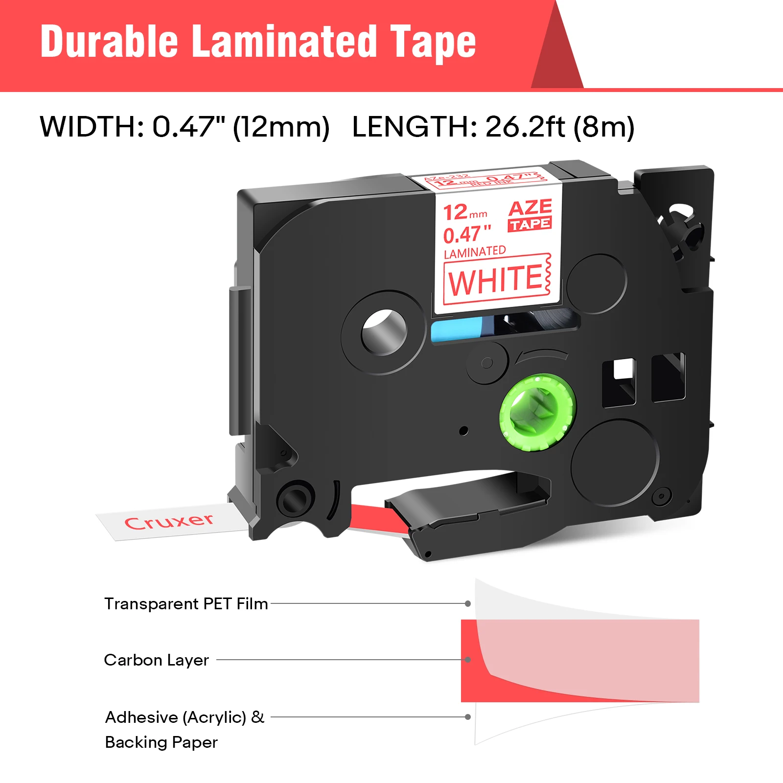 5PK Label Tape Laminated 12mm Compatible Brother Tze 232 Red on White Cassette For Printer PTD410  PTD610 PTE300  PTD460BT