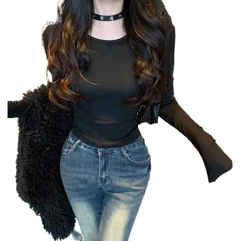 2024 New Gothic See Through Angel Graphic Print Tops Women Retro Punk Slim Fit Sexy Mesh Y2k Grunge Transparent Long Sleeve Tees