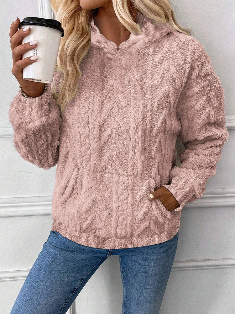 2026 New Arrival Women Fashion Jacquard Pullover Hoodie Loose Plush Cotton Blend Hooded Sweatshirt Tops for Daily Streetwear