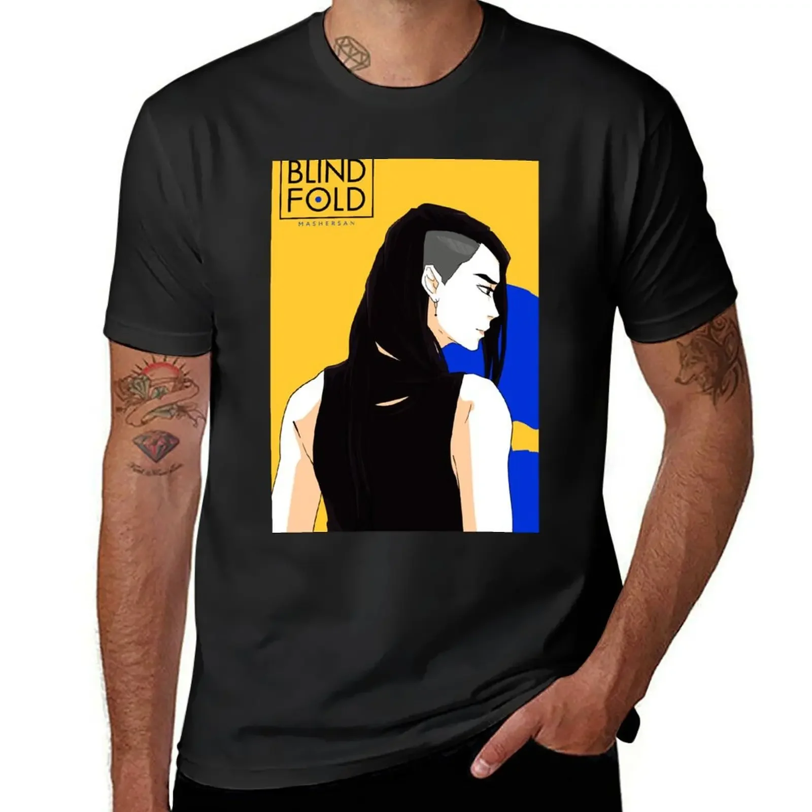 Mitsu (Blindfold) on a yellow background with a blue shade by Mashersan T-Shirt oversized t shirt sweat shirts, men