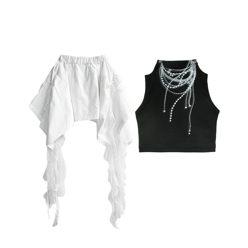 Ropa de baile de porristas para niñas, trajes de baile de Jazz a la moda para niños, Tops negros, falda blanca, ropa de calle sin mangas, traje de verano BL16736