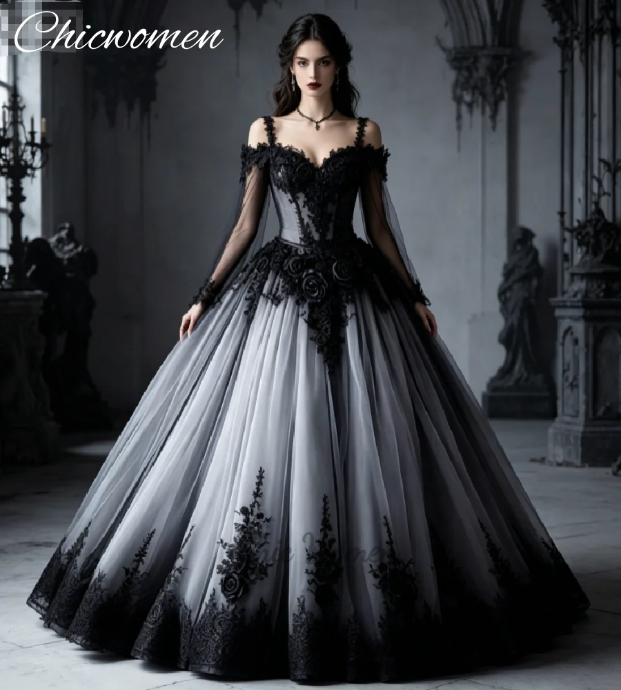 Vintage Black Red Ombre Wedding Dress Princess Long Sleeve Lace Gothic Bridal Gowns Vampire Halloween Ball Gown Plus Size Tulle