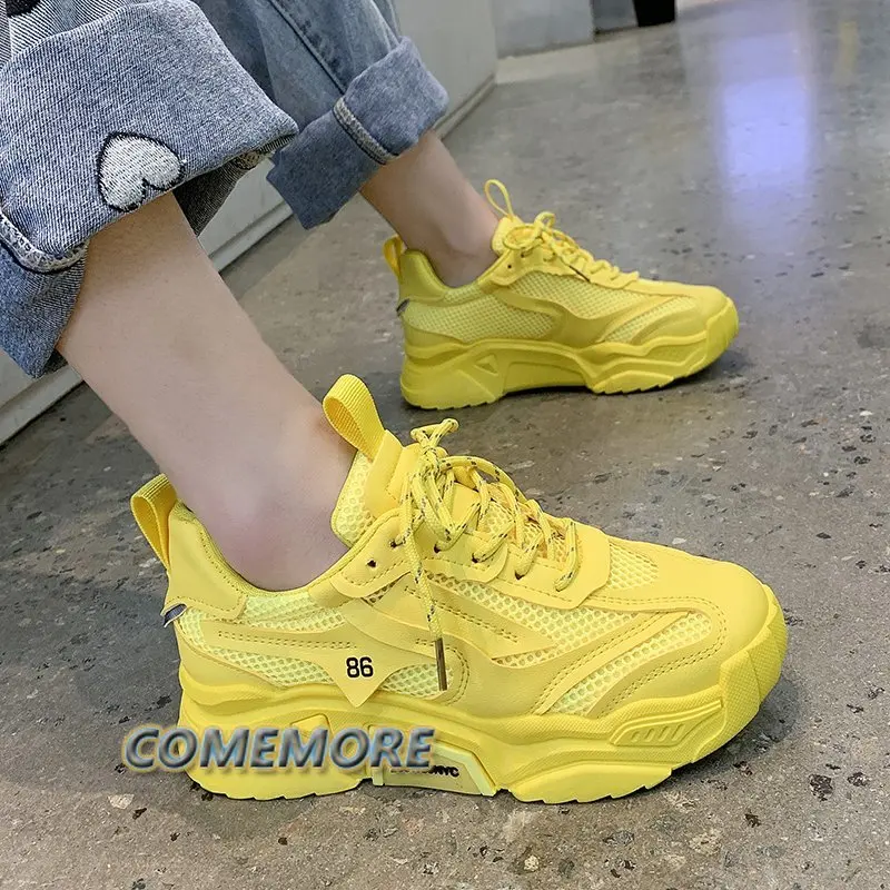 2023 Spring Autumn Platform Sneakers Women\'s Casual Lace Up Thick Bottom Shoes Woman Non Slip Yellow Classic Sneakers Round Head