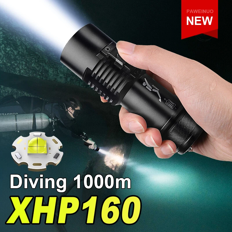 2024 XHP160 Diving Torch Professional Diving Flashlight Rechargeable 1000 Underwater Lantern IPX8 Dive Light 18650 26650 Battery