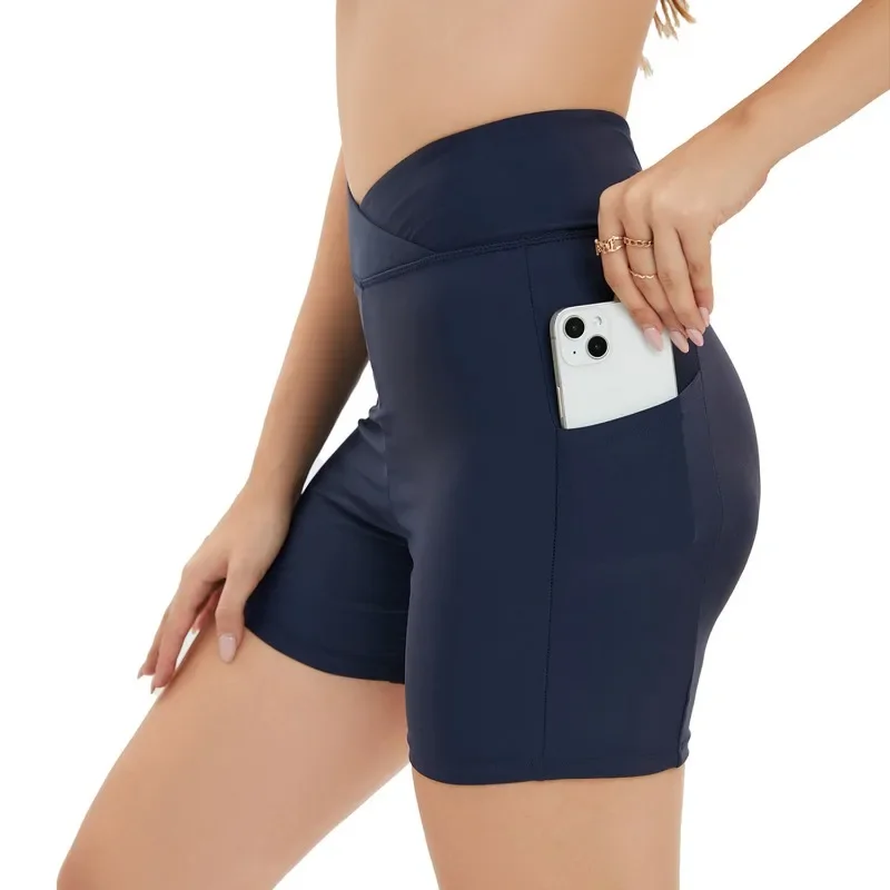 Women Summer Elastic Slim Trunks High Waist New Swim Shorts Solid Colors Briefs with Pocket Sexy Casual Fashion Swiming Shorts