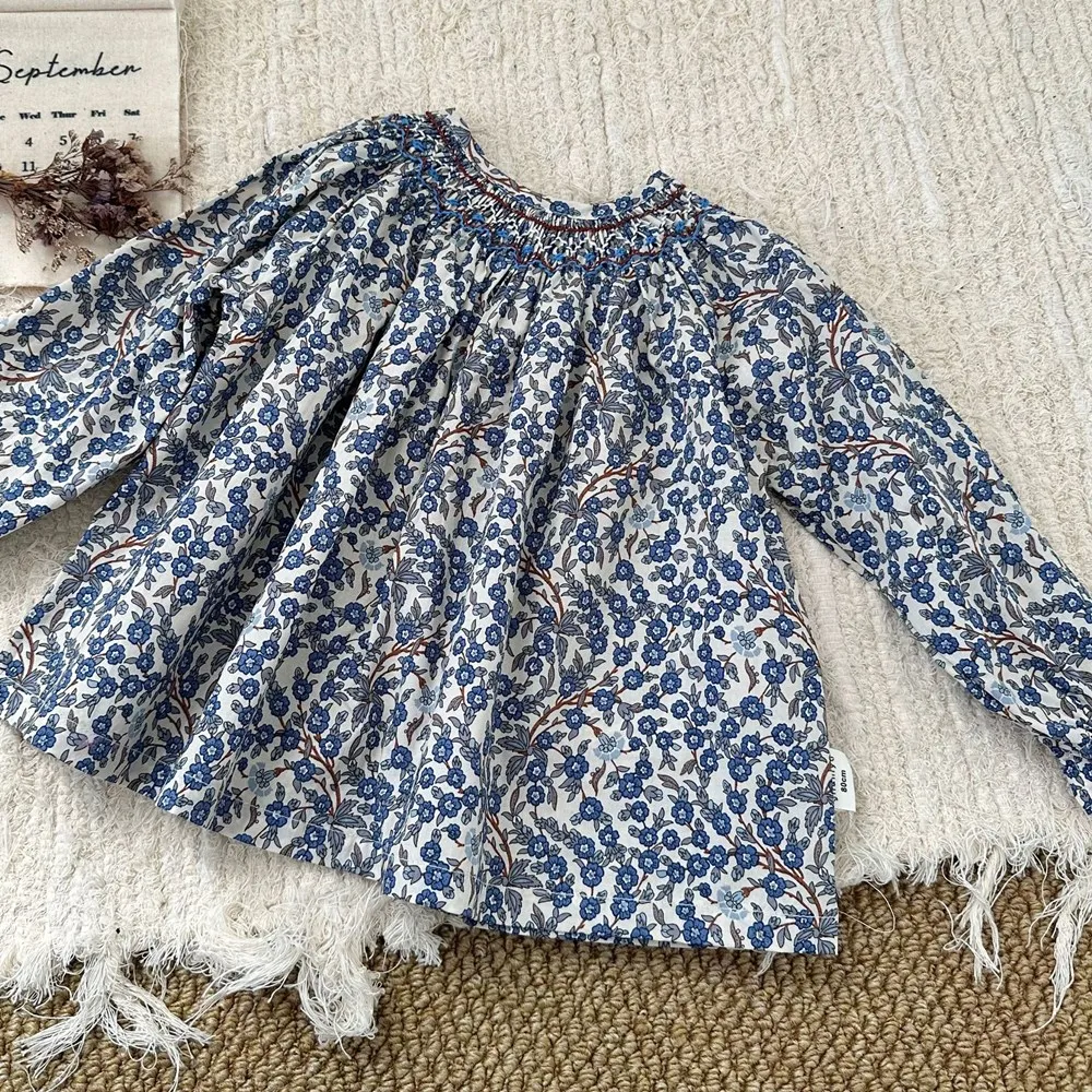 

Детская одежда для девочек, детские топы, синяя рубашка с длинными рукавами и принтом в стиле ретро для девочек, милая футболка ручной работы с вышивкой для девочек