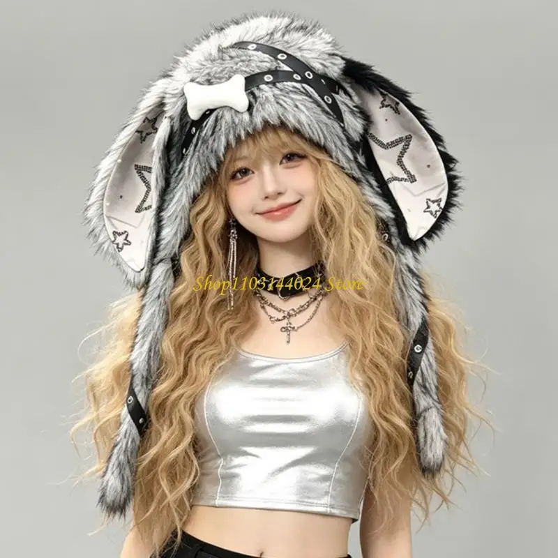 N5KE Plush Rabbits Ear Hat with Long Animal Ears, Star Pattern, and a Brimless Pull-On for Fall and Winter Daily Styling, Street