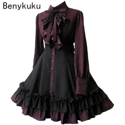 Vintage Bow Collar Lace-up Medieval Court Style Dresses Retro Goth Ruffles Palace Lolita Dress Victorian Princess Gothic Clothes