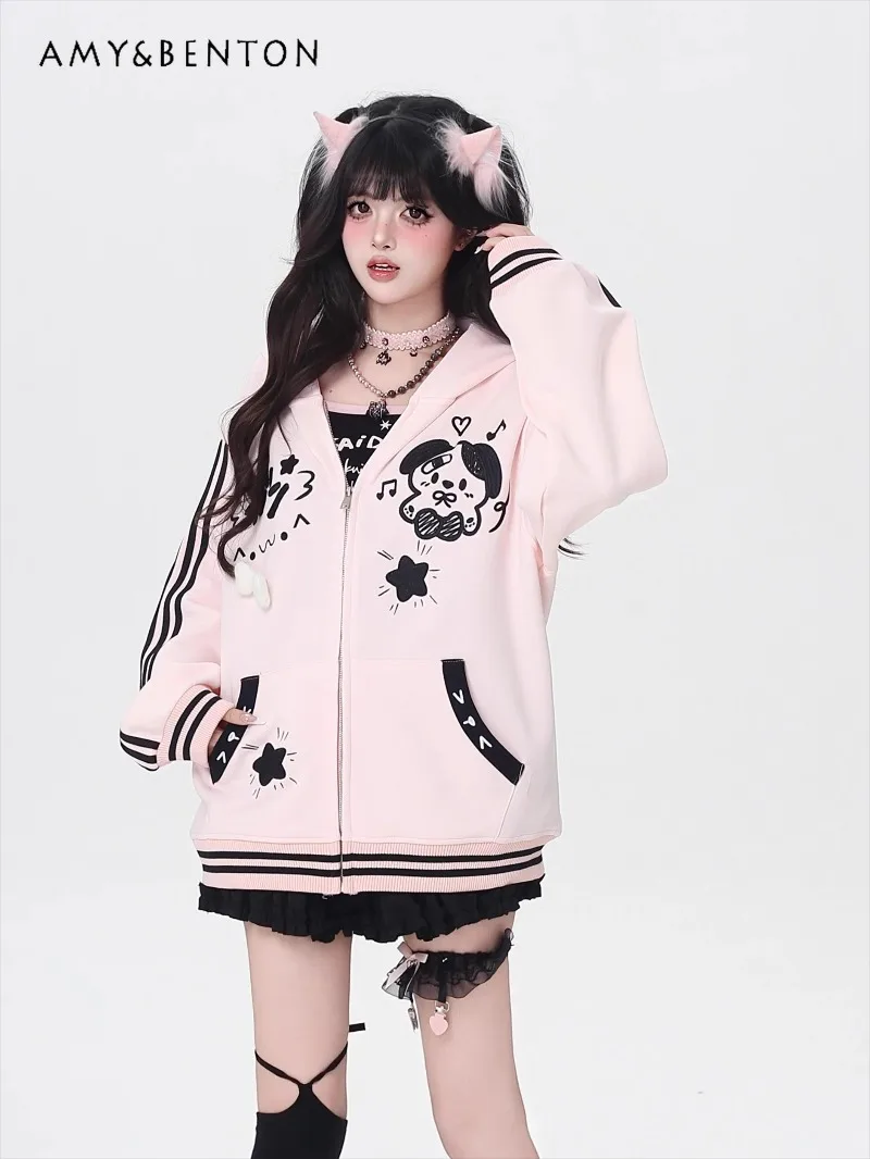 Cute Cartoon Print Kawaii Patchwork Color Hoodies Women Autumn New Preppy Style Sweet Loose Versatile Zipper Sweatshirt Students