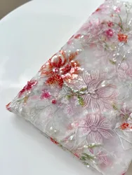 Sequin spray flowers three-dimensional embroidery soft mesh lace fabric clothing accessories white red flower