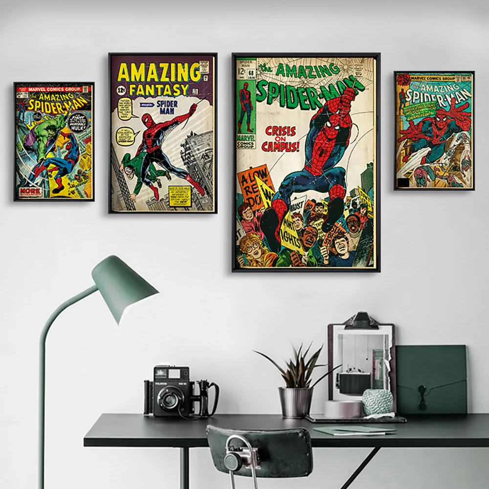 Marvel Super Hero Decorative Painting Anime Spider Man Art Poster Retro American Film Mural Home Childrens Room Wall Decor Print