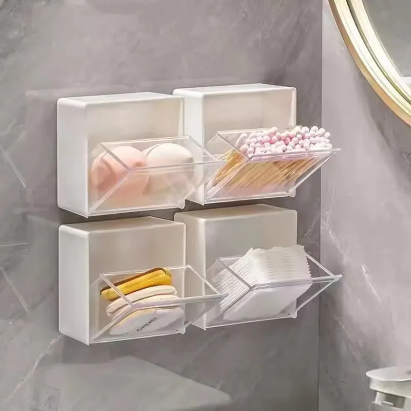 

Wall Mounted Storage Boxes Adhesive Jewelry Holder Box Plastic Dustproof Bathroom Organizer For Cotton Swabs Makeup Holder Box