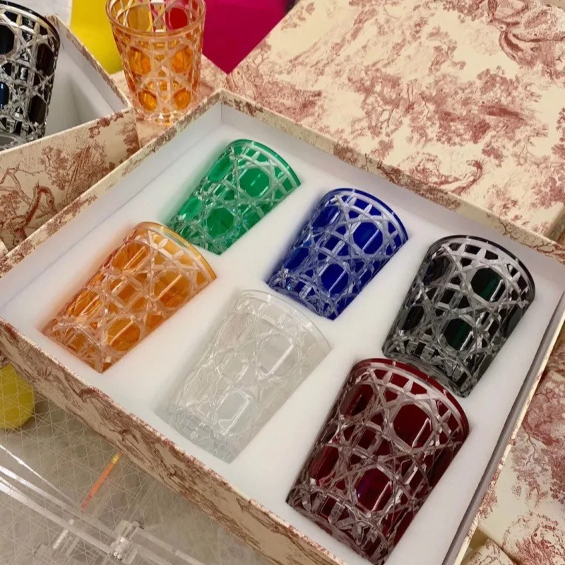 Grid Patterned Crystal Colored Transparent Glass Cup - Home Hotel Drinking Utensils Whiskey Coffee Water Glass for Office Use