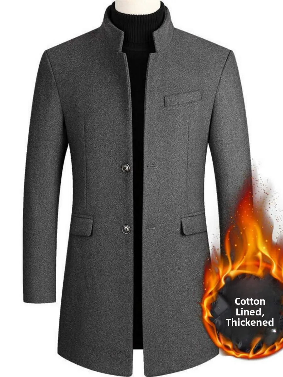 

Men's Winter Thickened Woolen Coat Stand Collar Mid-Length Windbreaker Jacket Warm Stylish Men's Fashion Long Coat