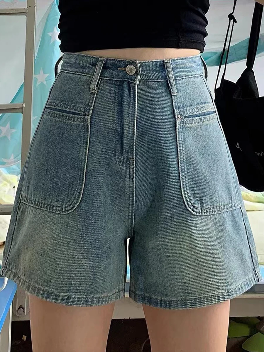 

Женские летние джинсовые шорты с высокой талией, широкими штанинами и А-образным силуэтом, тонкие, свободные, больших размеров, с эффектом похудения, синие