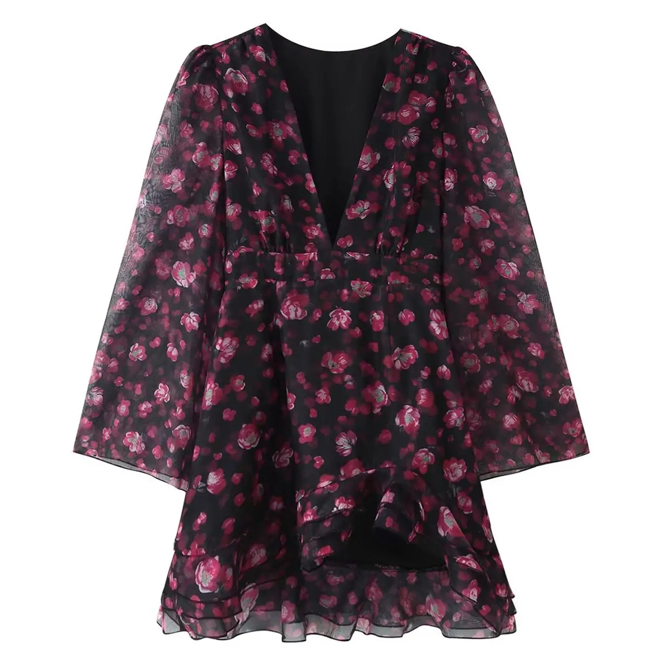 TFMLN Elegantes Damenkleid mit Blumenmuster und Rüschensaum, sexy tiefem V-Ausschnitt, ausgestellten Ärmeln, figurbetontes Minikleid, Sommer 2026 Neuheiten für Damen – Detail 2