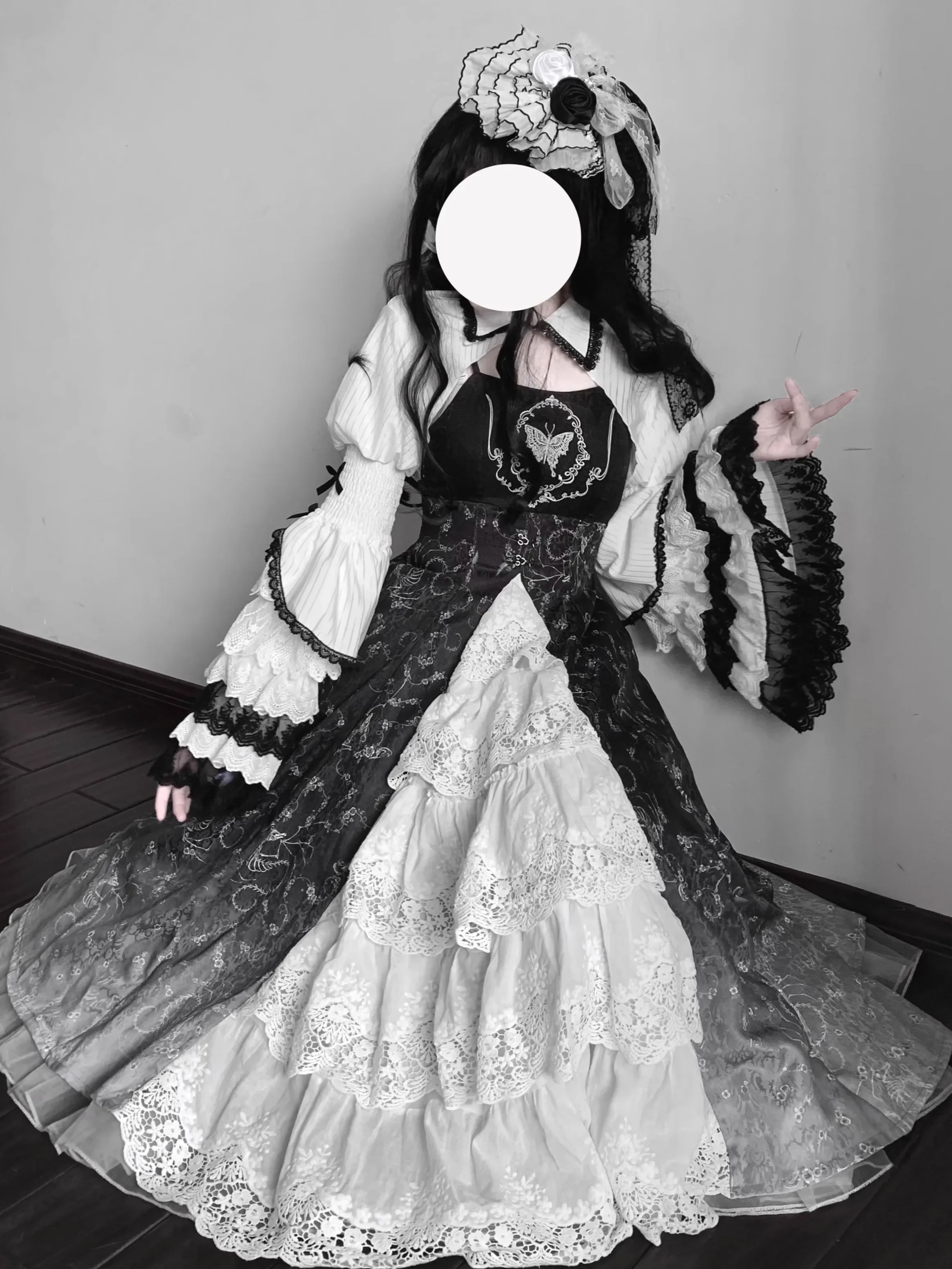 Original Design Gothic Lolita Suspender Dress and Long Sleeve Top Set Two-piece Female Cosplay High Waist Slim Long Dress Set