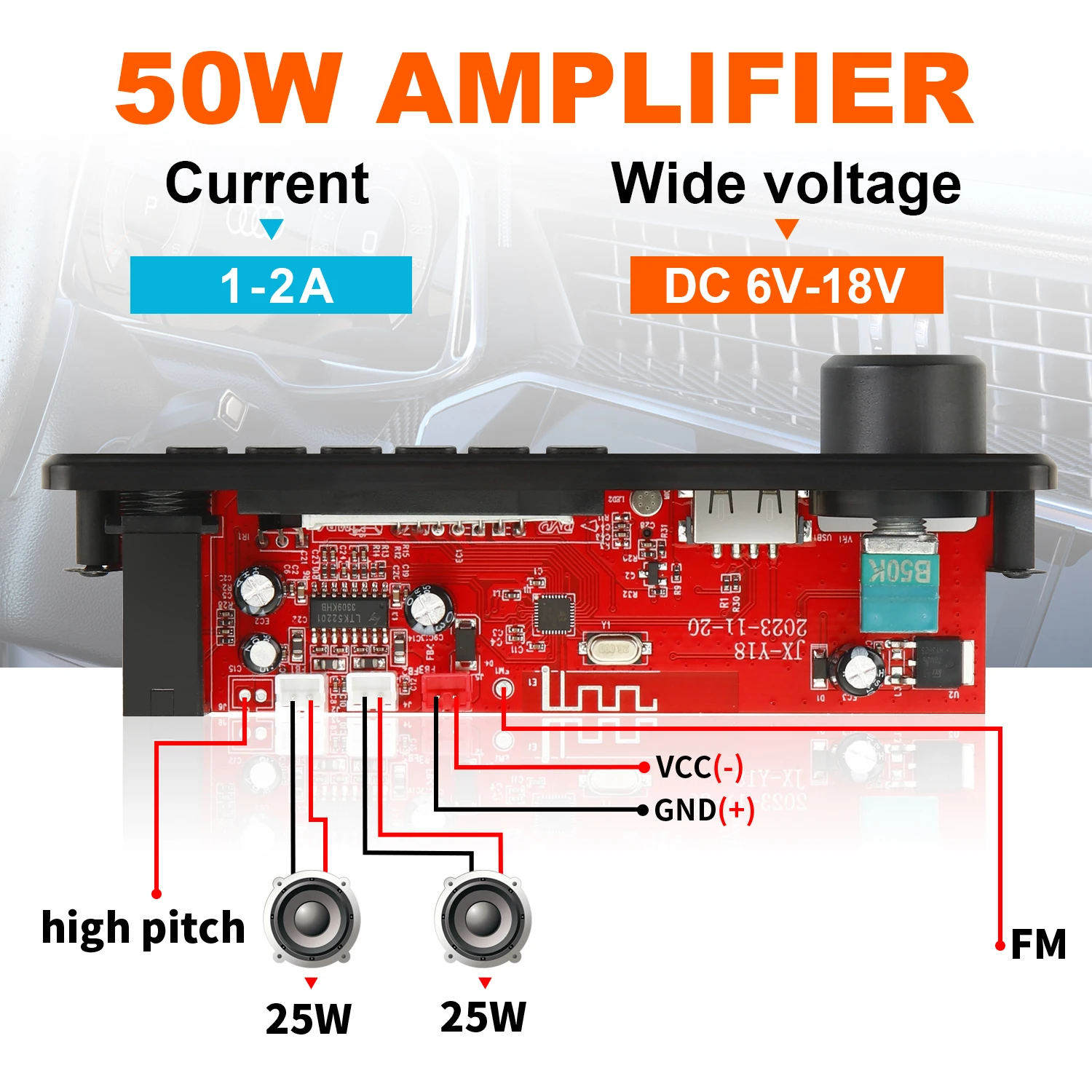 5PCS 50W Car Equalizer Amplifier Module Board Bluetooth 5.0 2*25W Stereo Mini Amplifier with Bluetooth 12v DC 6V-18V