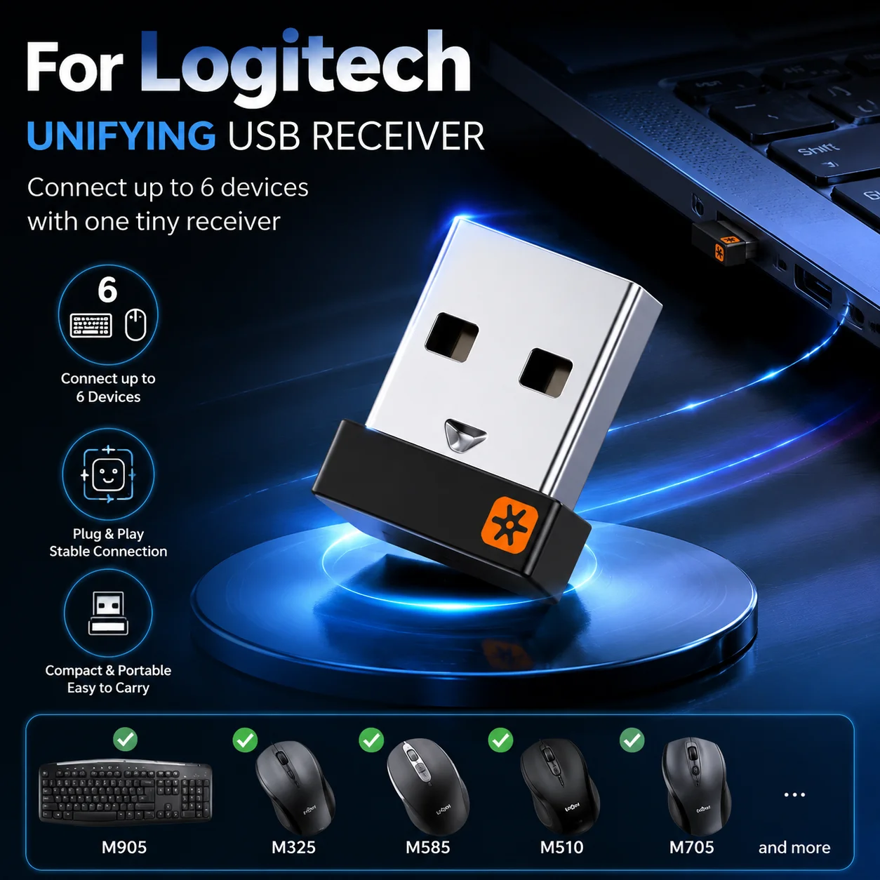 6 Channel Wireless Dongle USB Receiver Adapter for Logitech Unifying Mouse MK365 M905 M510 Keyboard K800 K750 K520 Dropshipping