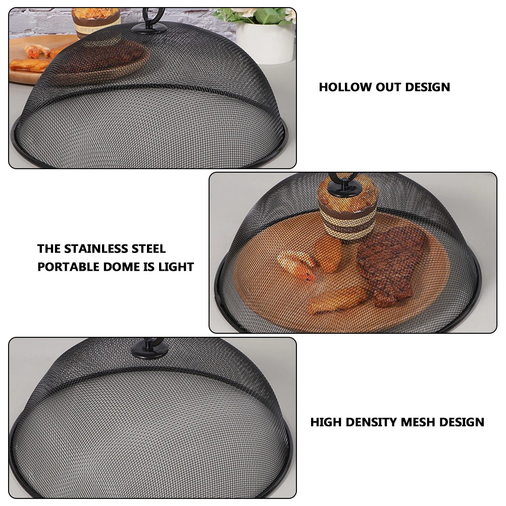 

Stainless Steel Food Cover Black Round Medium Dust Proof Mosquito Proof Kitchen Fruit Protector Household Item Easy Clean