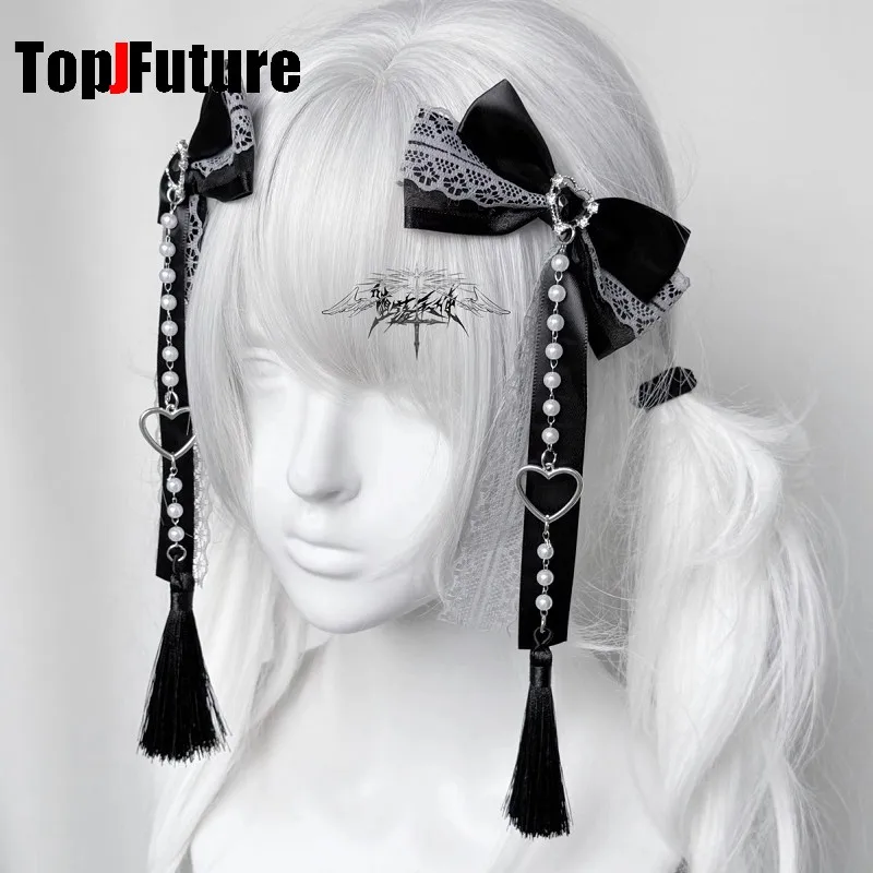 Lolita Y2K girl Harajuku Gothic Original Subculture Punk tassel Bows Lace Hair Bag Accessories Ponytails Headbands Hairpin clip