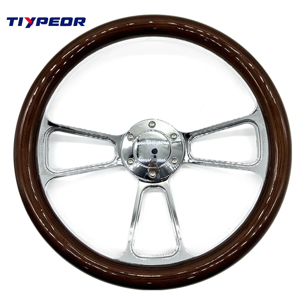 

14" 350mm Chrome Popular Teak Wooden Grip Vintage Classic Volante Solid Mahogany Wood Grain Steering Wheels