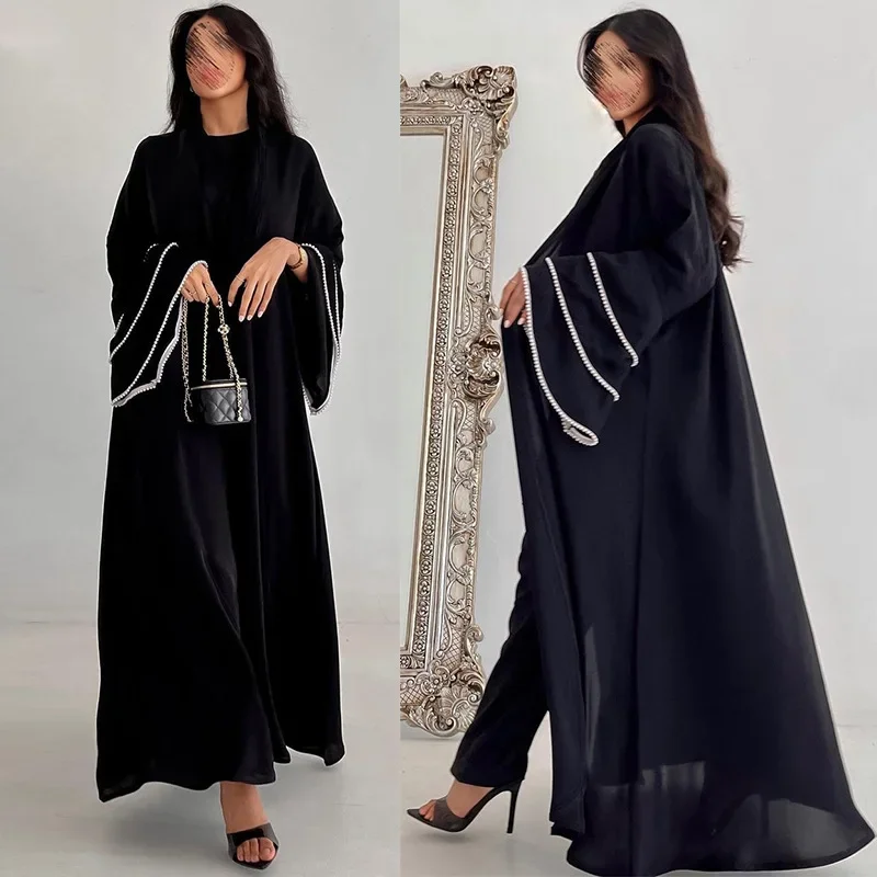 Eid Beads Kimono Abaya Dubai Luxury Black Cardigan Muslim Abayas for Women Dress Arabic Islamic Clothing Kaftan Femme Musulman