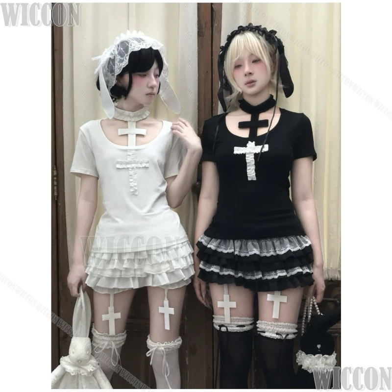 الأرنب الأرنب جيراي كي فتاة تأثيري حلي القوطية البدلة الرقبة التفاف تي شيرت كعكة تنورة اليقطين السراويل هالوين الزي Y2K الملابس