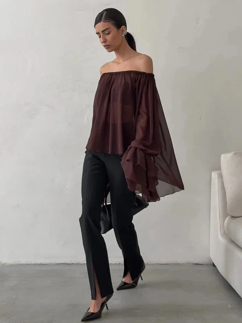 أزياء فضفاضة النبيذ الأحمر المرأة قميص مثير مائل الرقبة قمصان طويلة الأكمام أنيقة الكلاسيكية مطوي قمم الملابس النسائية #4