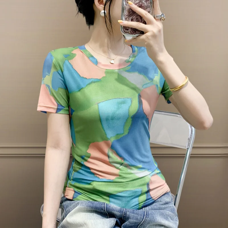 

High Quality 2025 Geometry Print Sheer Mesh T-Shirts for Women Slim-Fit Versatile Summer Tops Female Chic Casual Tee