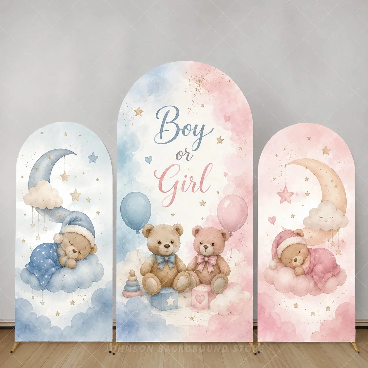 Boy or Girl Gender Reveal Arch Backdrop Cover Sleeping Teddy Bear Moon Baby Shower Party Background Stand Covers