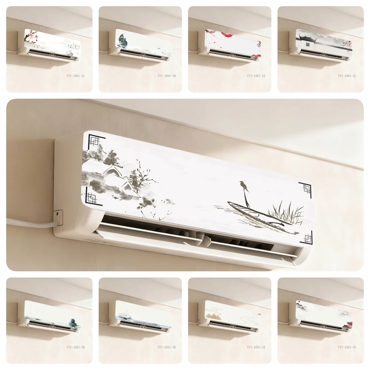 Traditional Chinese Ink Style Air Conditioner Decals Self Adhesive Waterproof  AC Cover for Home Living Room Bedroom Decor