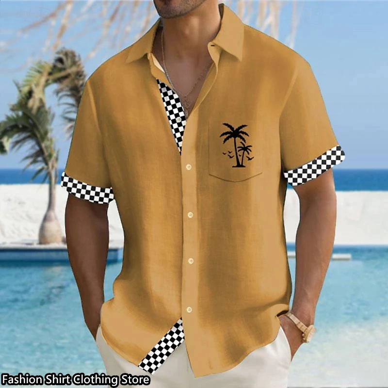 Fashion lapel men\'s shirt department buckle short -sleeved Hawaiian shirt simple European oversized 6xl loose style