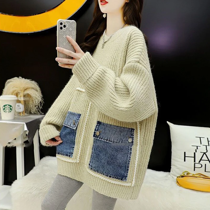 

Women Autumn New Knitted Stitching Denim Sweater Long Korean Loose Joker Pullover Top Street clothing Warm Casual Sweater Female