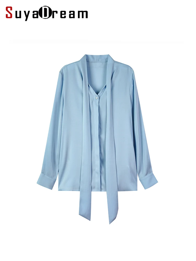 

SuyaDream, Woman Solid Shirts, 95%Silk 5%Spandex, Bow Collar, Light Blue Blouses, 2024 Spring Summer Office Lady Top