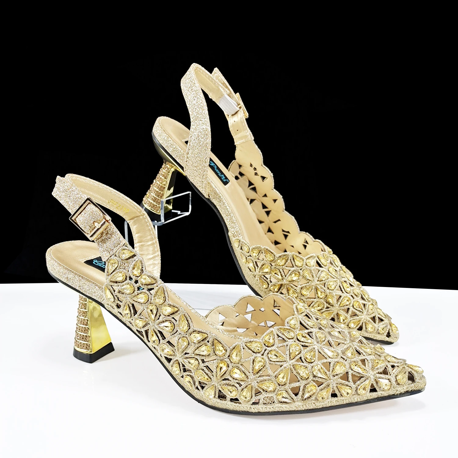 QSGFC Italian Design Rhinestone-encrusted Sex Ladies Shoes And Special Bag High Heels And Heart Shape Gold Mini Bag