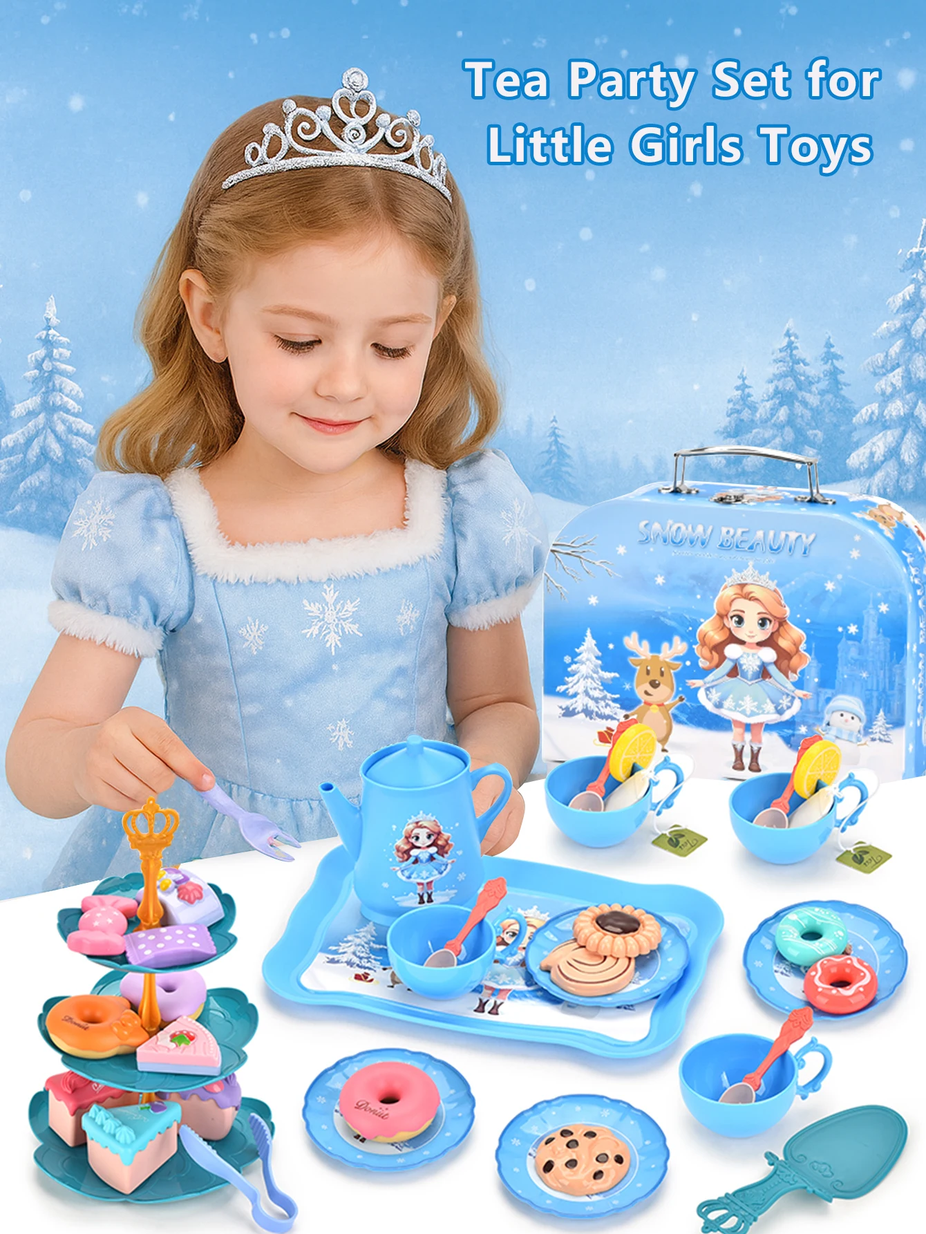 Nachmittagstee-Set für Mädchen, Ice Beauty Princess Nachmittagstee-Spielzeug, Teeparty-Anziehspielzeug, simulierter Dessertkuchen, tragbares Gi