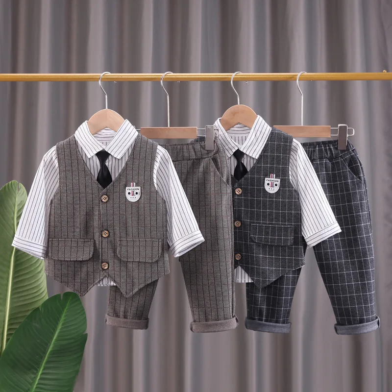 2024Children's Spring Autumn Set Korean Edition Boys' Checkered Polo Neck Shirt+Tie+Vest+Pants Four piece Baby Set 0-4Y