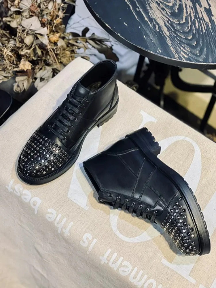 Handmade Vintage Men High-Top Boots Punk Black Genuine Leather Studded Ankle Boots Lace-Up Chunky Casual Rivet Shoes