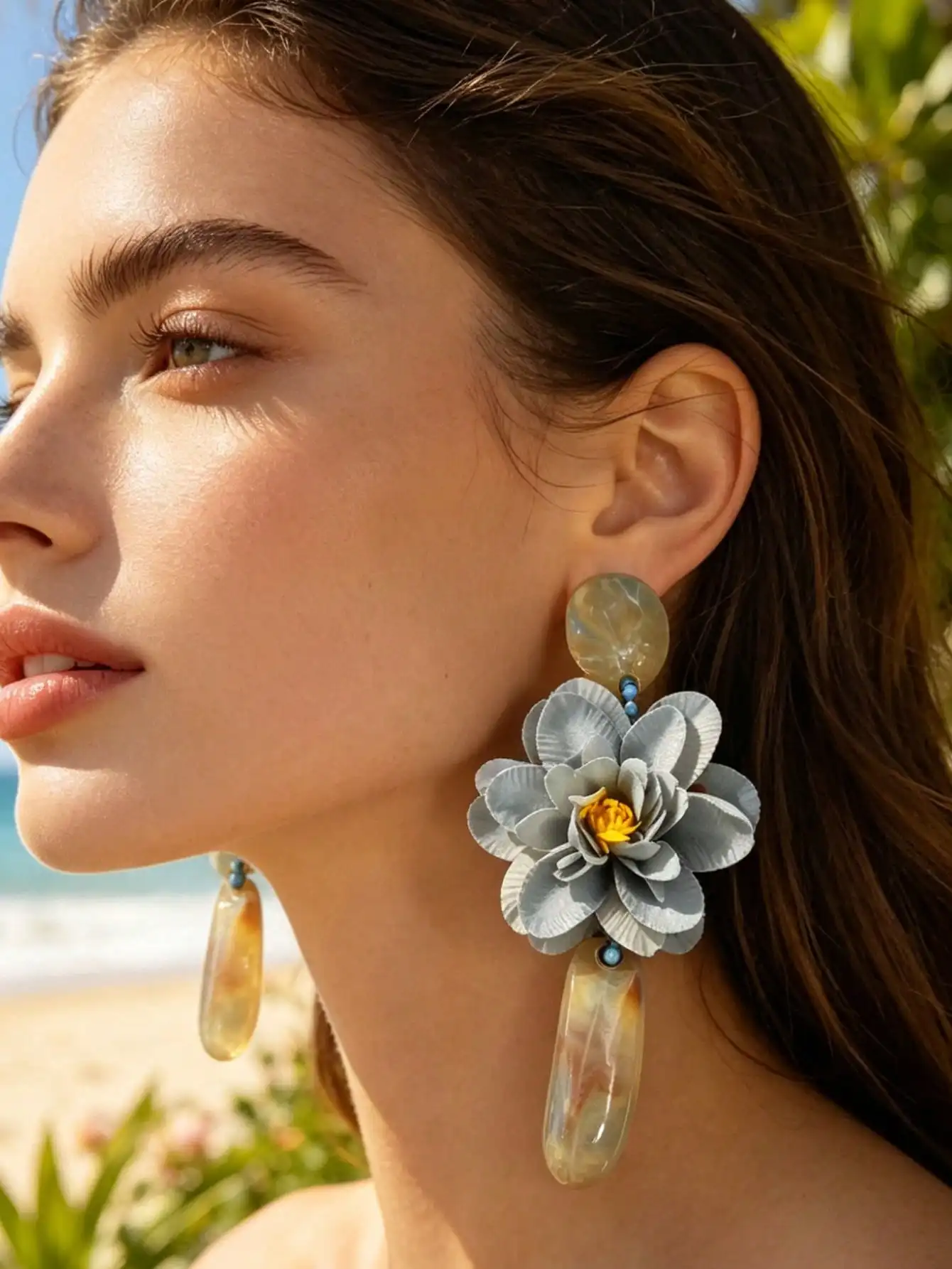 Handmade Gray Peony Floral Long Drop Earrings,Swirl Marble Resin Ear Stud Irregular Elongated Resin Pendant Statement Earrings