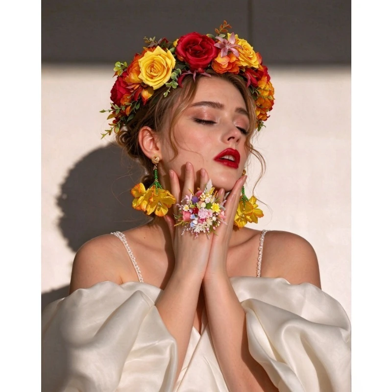 3pcs/Floral Headband Earrings & Ring Set – Bohemian Flower Hair Accessories for Bride, Bridesmaid, Wedding & Vacation