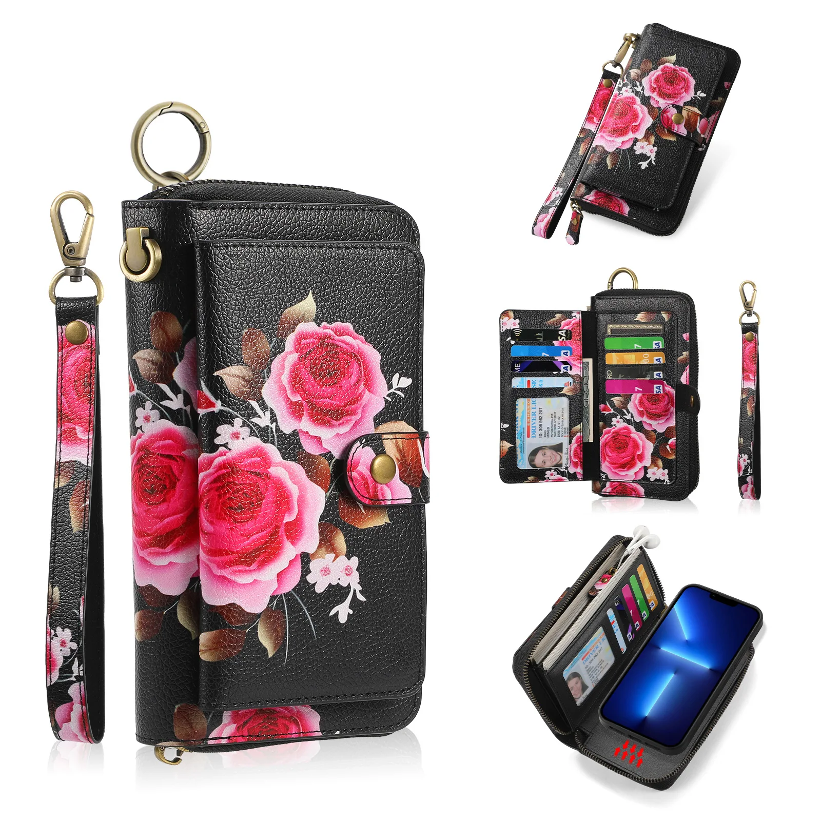 Magnetic Lanyard Leather Zipper Wallet Card Phone Case for iPhone 16 15 14 13 12 11 17 Pro Max 16 Plus Flip Purse Cover