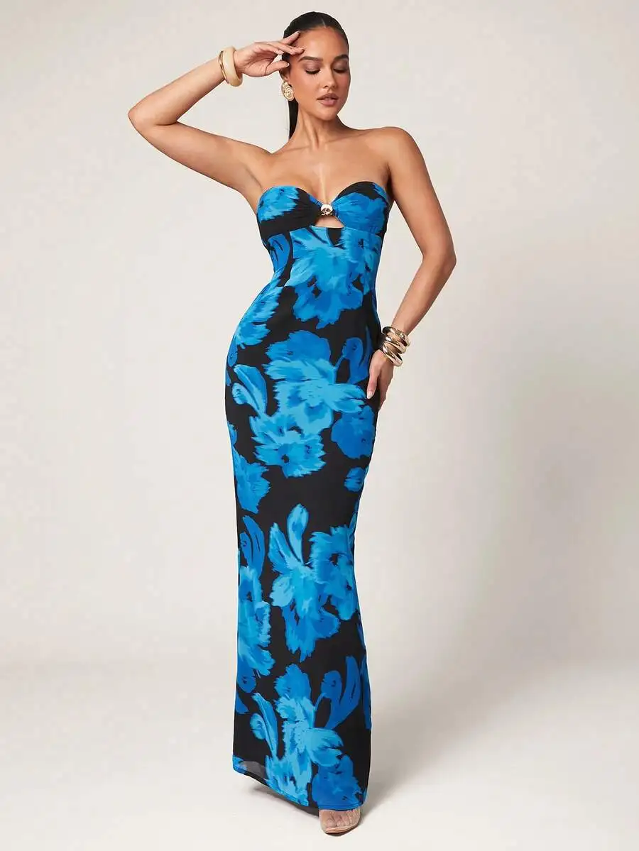 

Womens Blue Floral Print Strapless Bodycon Maxi Dress Summer Elegant Evening Gown