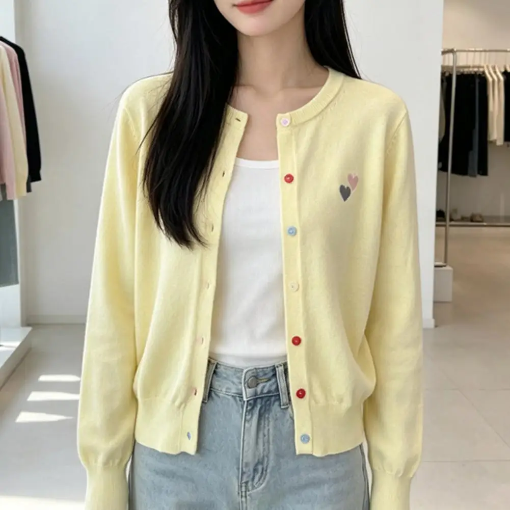 Women Cardigan Button Front Cardigan Embroidery Love Heart Open Front Jacket Embroidered Color Button Sweater Cardigan Jacket
