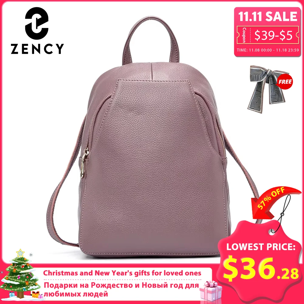 Zency-Sac à dos à breloques en cuir véritable pour femme, 100% cuir véritable, bouton antivol, sacs de voyage élégants pour femme, cartable pour fille, sac à dos de vacances